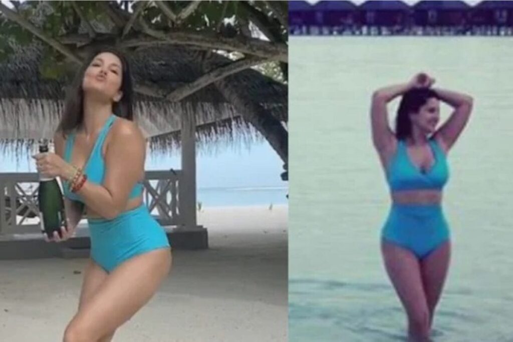 Sunny Leone Shares Hot Pictures in Blue Bikini From Maldives