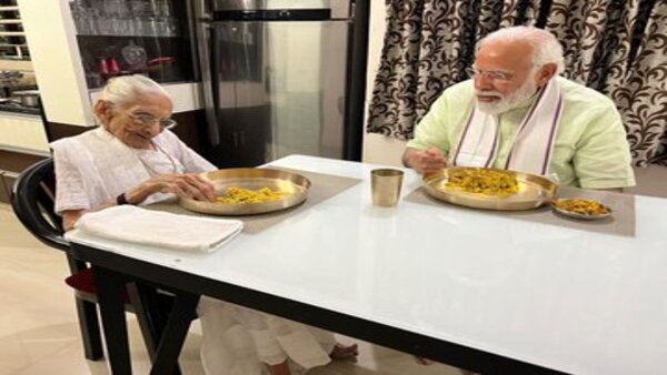 PM Modi meets his mother Heeraben at her Gandhinagar residence