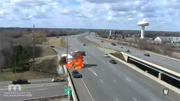 Watch: Huge fireball on US highway after car rams truck