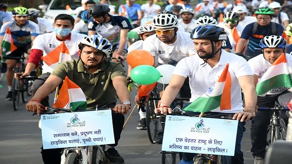 World Bicycle Day: Minister Anurag Thakur, other MP’s cycle 7.5 km