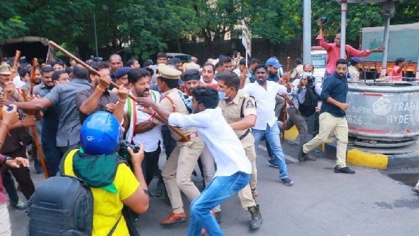 ED action against Rahul Gandhi: Telangana Congress protests in Hyderabad turns ugly