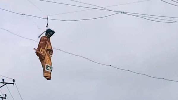 Suspended BJP spokesperson Nupur Sharma's effigy strung from overhanging wire in Belagavi