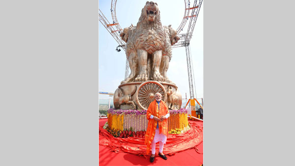 PM Modi unveils 6.5m long bronze National Emblem on new Parliament building