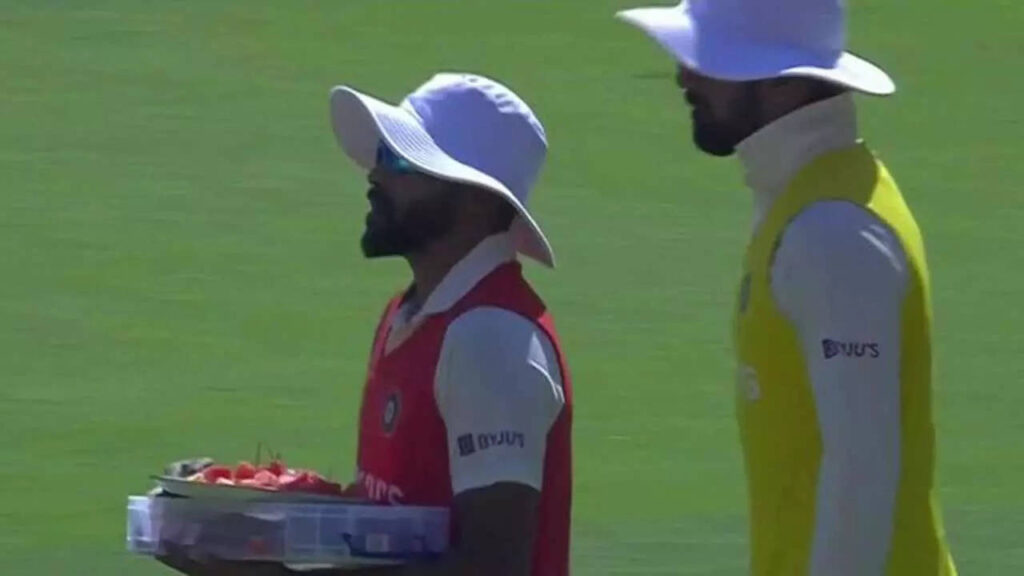 Indian players have watermelons during drinks break for hydration