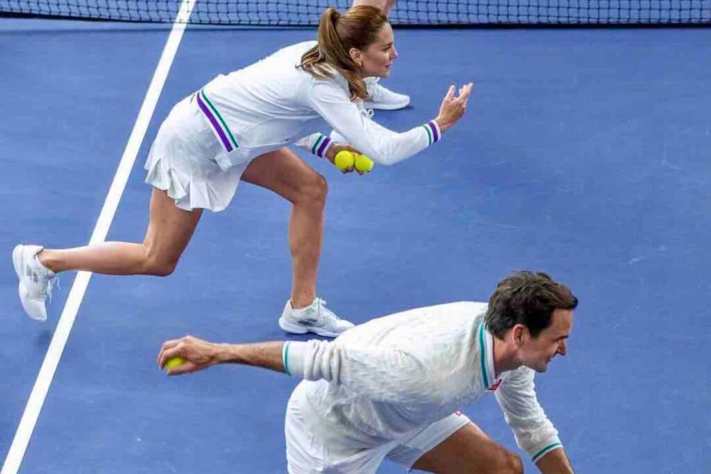 Princess Of Wales Kate Middleton Plays Tennis With Roger Federer At Wimbledon
