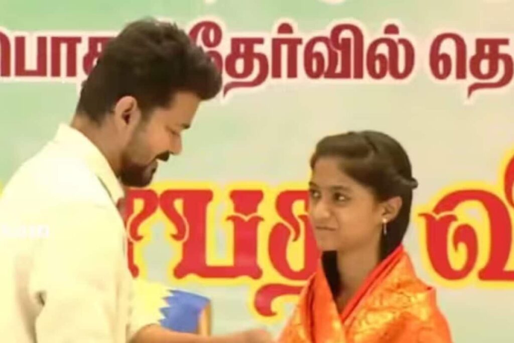 Thalapathy Vijay Presents A Diamond Necklace And Certificate To 12th Topper Nandhini