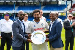 IND vs WI: CWI President And Brian Lara Present Rohit Sharma a Plaque to Commemorate 100th Test Between India & West Indies