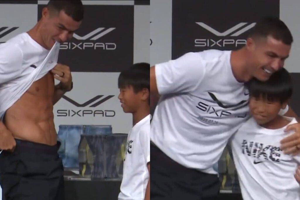 Cristiano Ronaldo Flaunts His Shredded Six-Pack Abs After Adorable Competition With Young Fan | WATCH