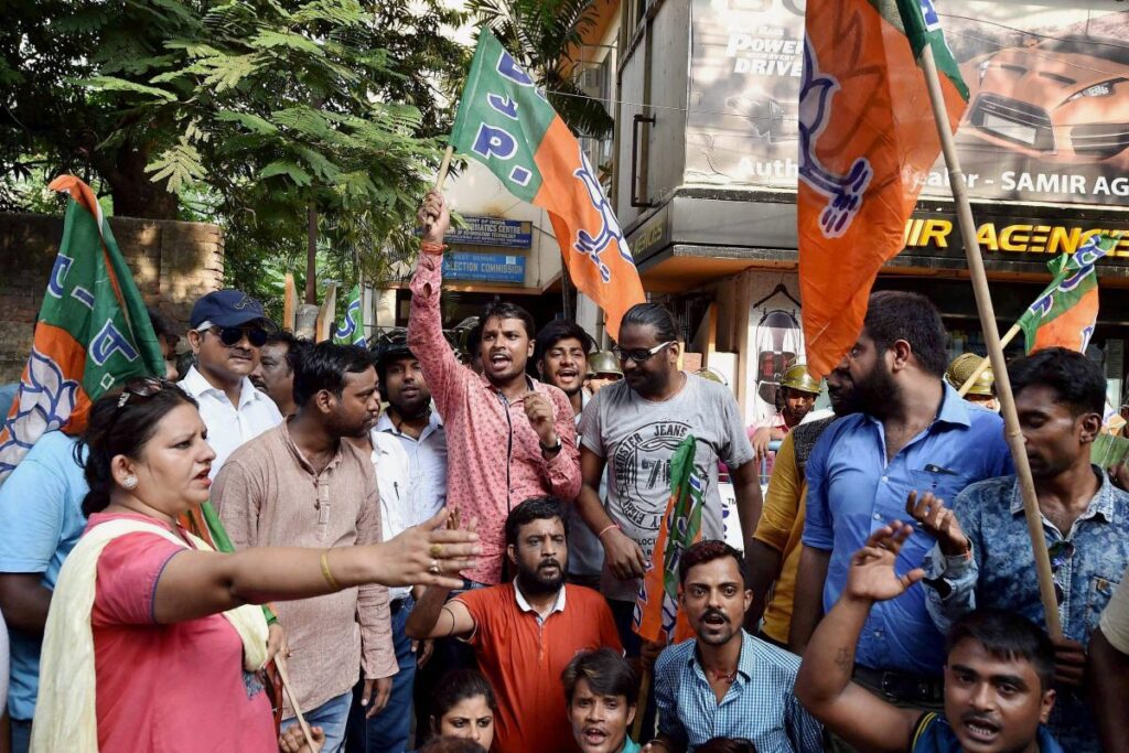 BJP Workers Hold Protest Outside SEC Office Against Bengal Rural Poll Violence