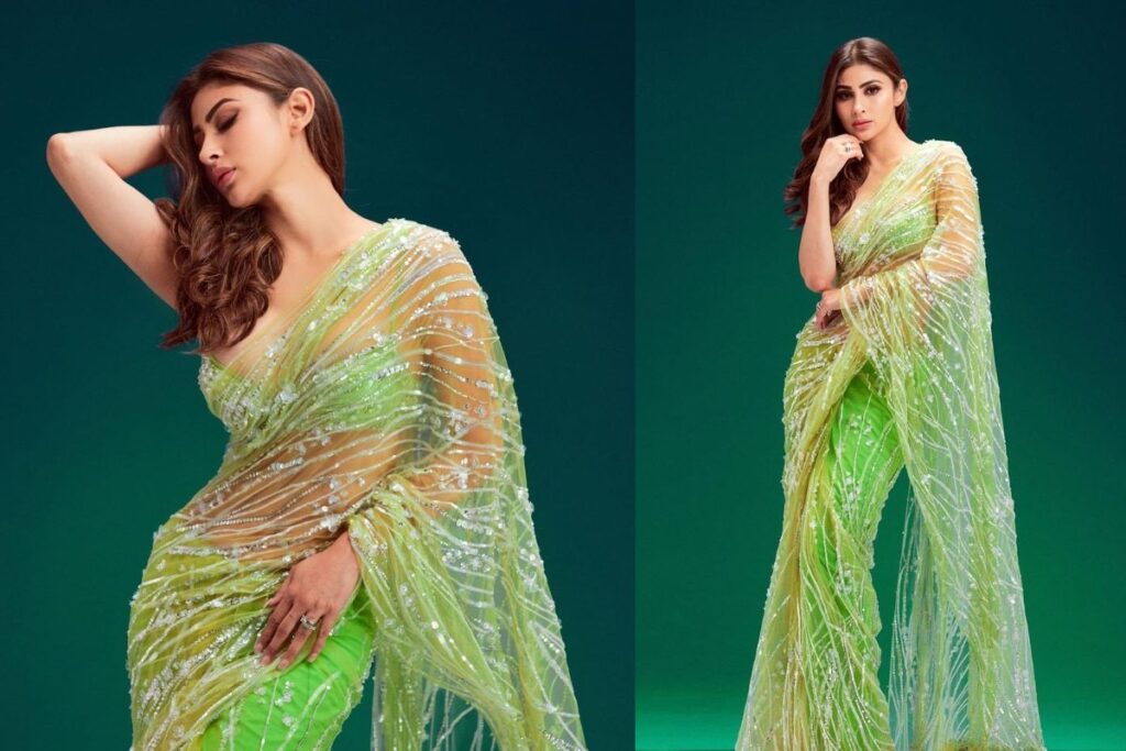 Mouni Roy Exudes Dazzling Beauty in a Sheer Pastel Green Saree; See Photos
