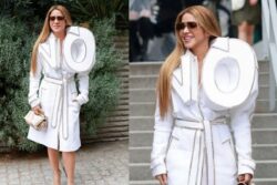 Shakira Makes a Bold Statement in a ‘NO’ Trench Coat at the Haute Couture Fashion Week
