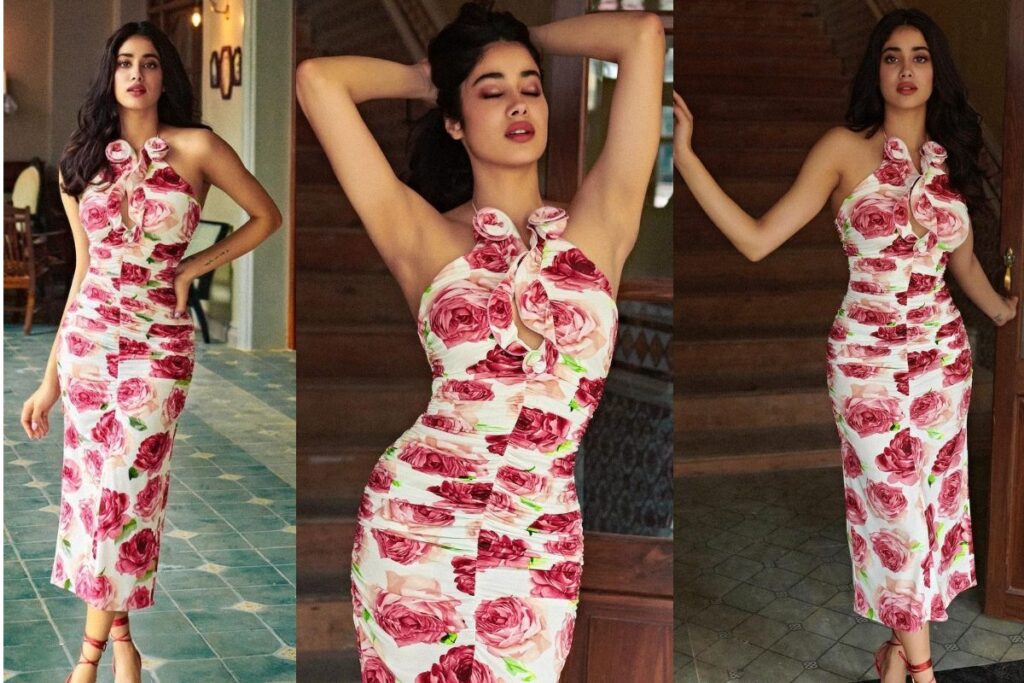 Janhvi Kapoor Looks Fresh and Flawless in a Gorgeous Pink Floral Midi Dress Worth Rs 85K