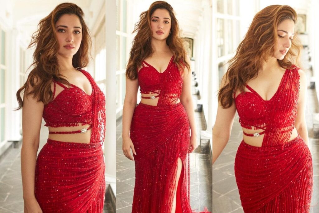 Tamannaah Bhatia Drapes in a High-Slit Falguni Shane Peacock Saree Giving It a Striking Flair