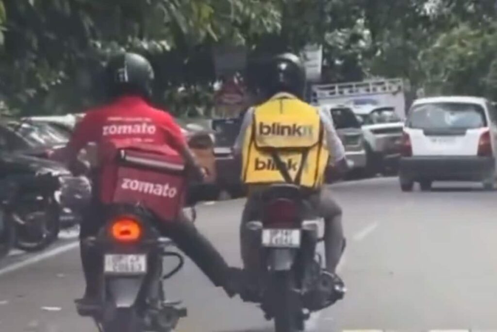 Swiggy Delivery Agent Supporting Blinkit Worker Is What True Friendship Means