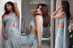 Khushi Kapoor Oozes Charm in a Lovely Ice Blue Lehenga Saree Worth an Incredible Rs 2 Lakhs