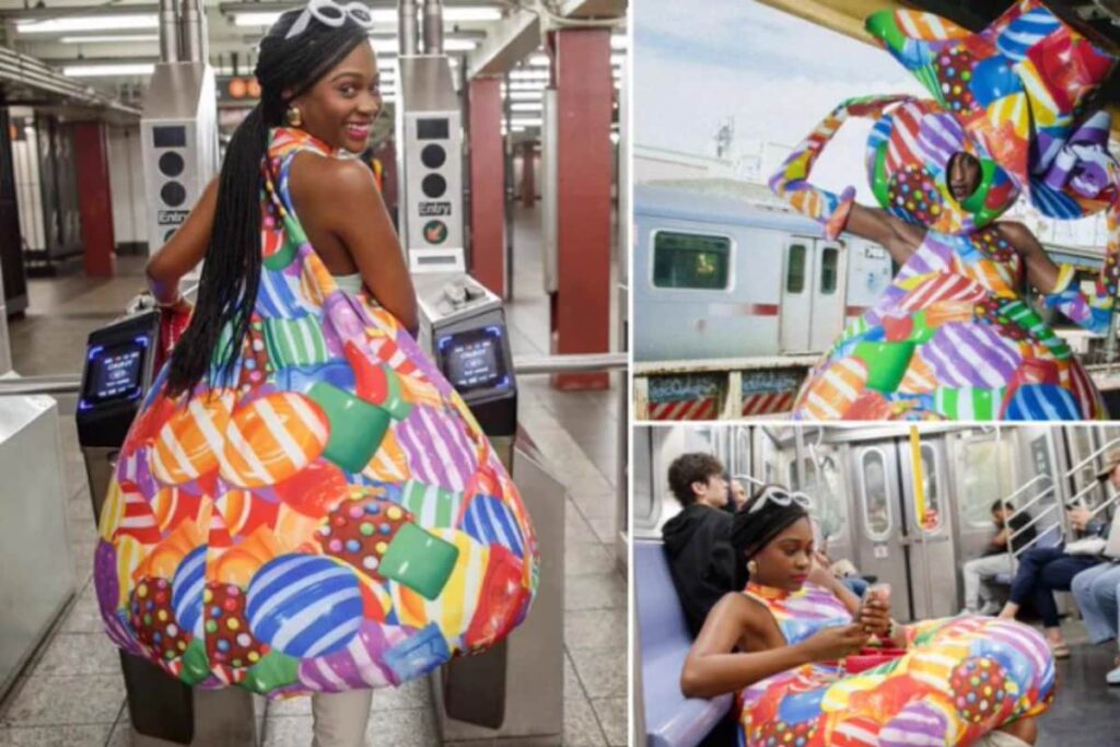 Woman Wears Colourful, Candy Crush-Inspired 'Beanbag Dress' In New York Subway