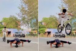 Watch: Girl Performs A Handstand, Boy Flies Past Right Above Her On Bicycle