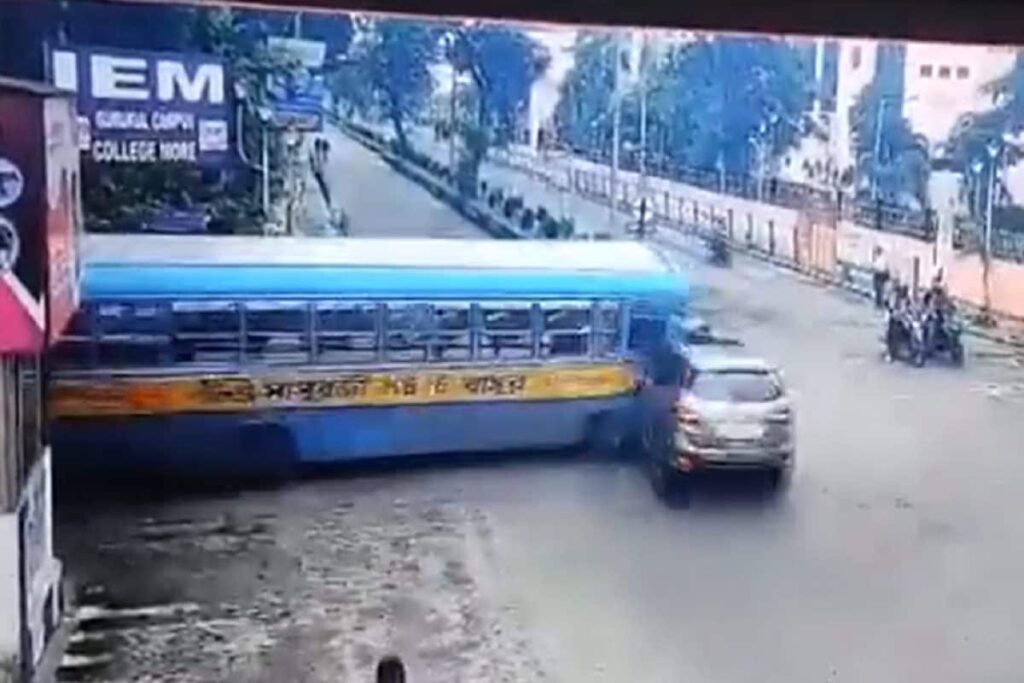 Caught on Cam: Racing Bus Rams Car, Keels Over in Kolkata; 10 Injured
