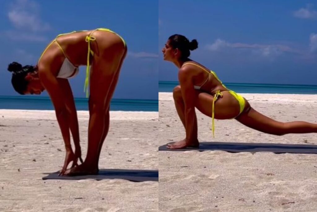 Kubbra Sait Looks Smoking Hot In A Yellow Bikini Set As She Practises Yoga On A Serene Beach; Watch