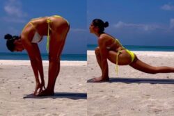 Kubbra Sait Looks Smoking Hot In A Yellow Bikini Set As She Practises Yoga On A Serene Beach; Watch