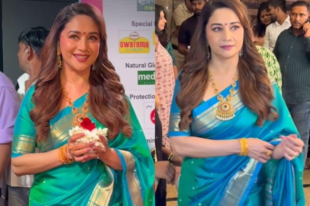 Madhuri Dixit Exudes Elegance In A Blue Sari And Traditional Maharashtrian Nath At An Award Show; Watch