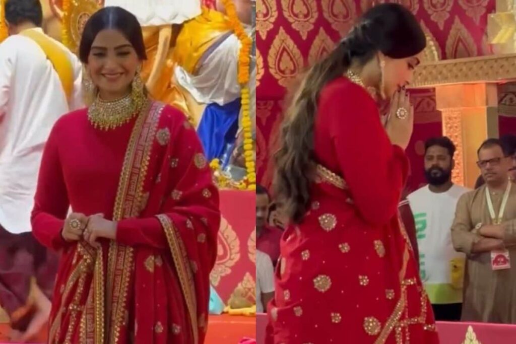 Sonam Kapoor Is A Vision In Red As She Visits Rani, Kajol's Durga Puja Pandal On Navami; See Photo