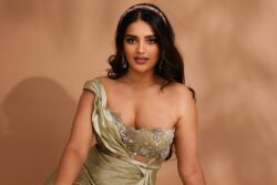 Nidhhi Agerwal Channels Her Inner Diva In An Off-Shoulder Satin Dress