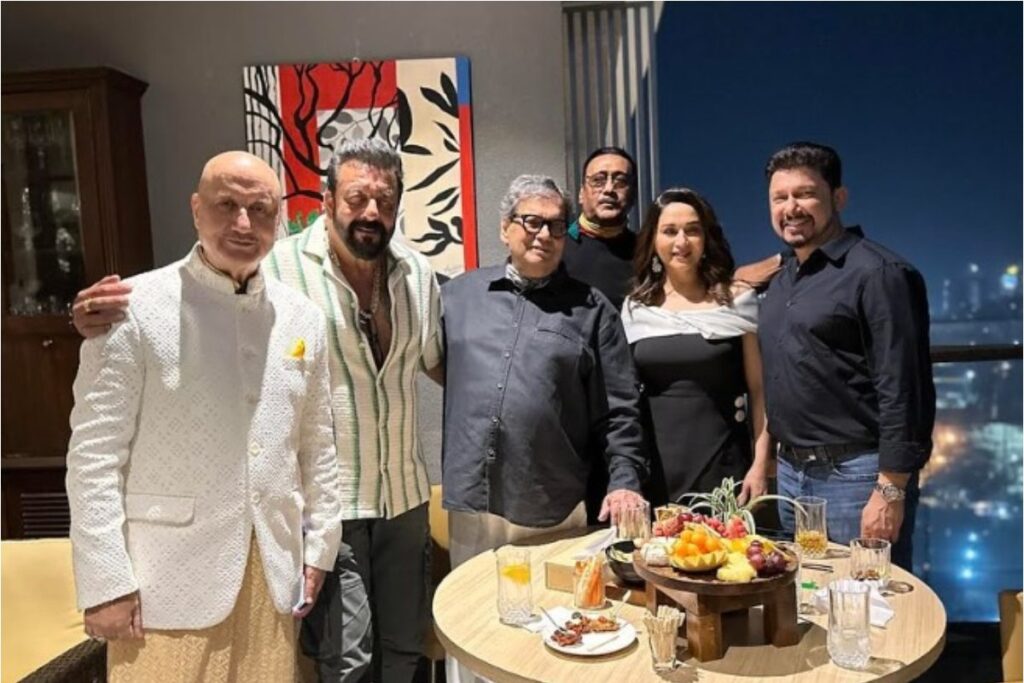 Khalnayak Reunion! Madhuri Dixit Poses With Sanjay Dutt, Anupam Kher At Subhash Ghai’s Wedding Anniversary