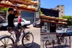 Cyclist Balances Multiple Trays Of Bread On Head While Riding Through Traffic