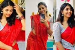 Actress Sapthami Gowda Exudes Elegance Celebrating Navratri In Red Khadi Saree