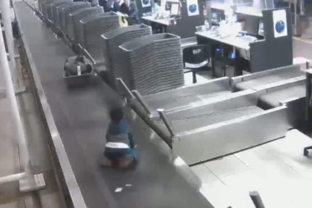 Before Flight, Boy Decides To Take A Ride On Airport Conveyor Belt