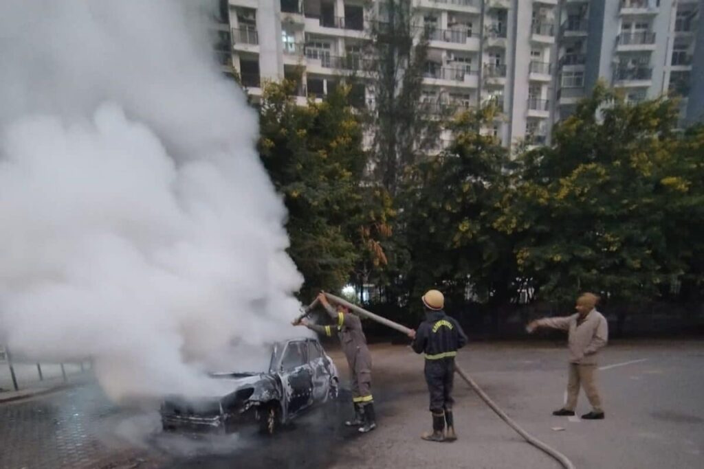 WATCH | 'Swift' Car Bursts Into Flames 'On Its Own' in Noida Sector 119; Two Charred to Death
