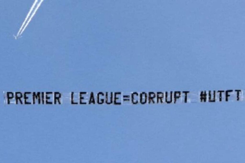 Protest Banners Calling Out Corruption In Premier League Flown Over Etihad During Manchester City vs Liverpool