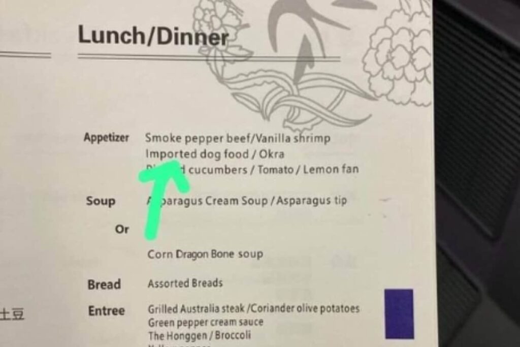 Chinese Airlines' Menu Features 'Imported Dog Food', Read It Again