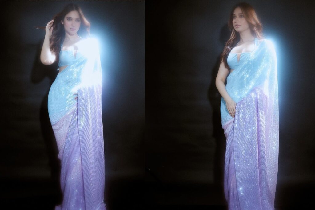 Tamannaah Bhatia Looks Sexy And Dreamy In Manish Malhotra's Shimmery Dual-Tone Saree At Diwali Bash