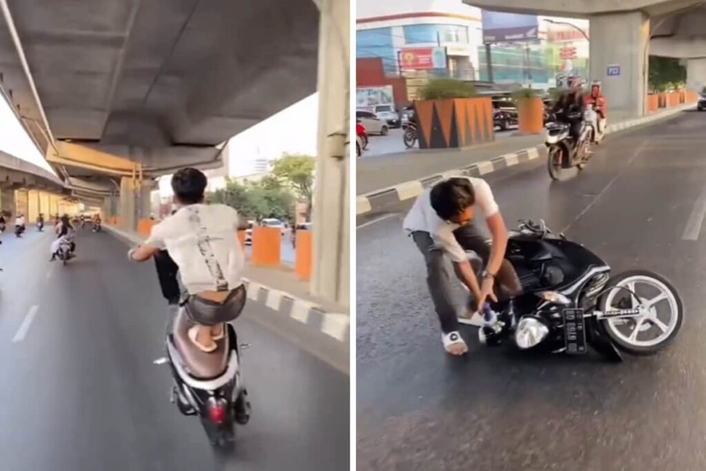 Bike Stunt Goes Horribly Wrong: Man Loses Balance And Skids In The Middle Of A Busy Road
