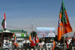 BJP Flags Dot Srinagar Ahead of PM Modi’s Mega Rally at Open-Air Bakshi Stadium on March 7, Security Tightened