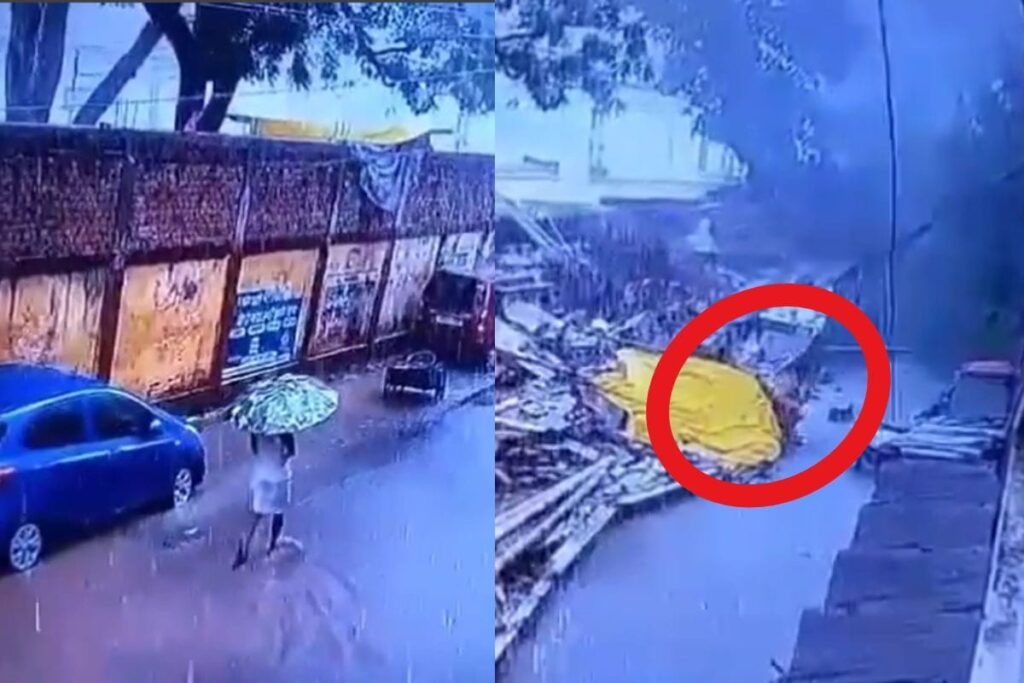 UP: Man Escapes As Boundary Wall Collapses On Him After Heavy Rains In Prayagraj | WATCH
