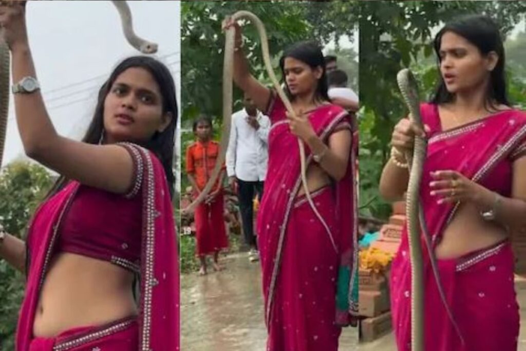 Girl in Saree Poses With Giant Snake Wrapped Around Her Body