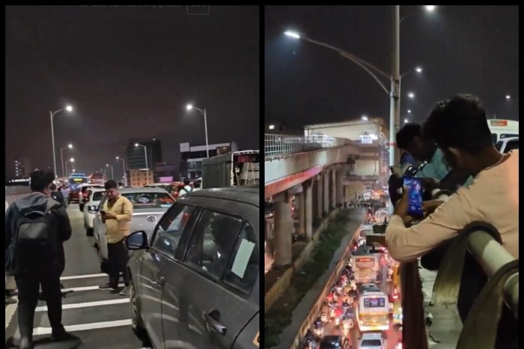 Video: Commuters Leave Vehicles, Walk Home As Bengaluru Flyover Traffic Halts Due to Heavy Rain