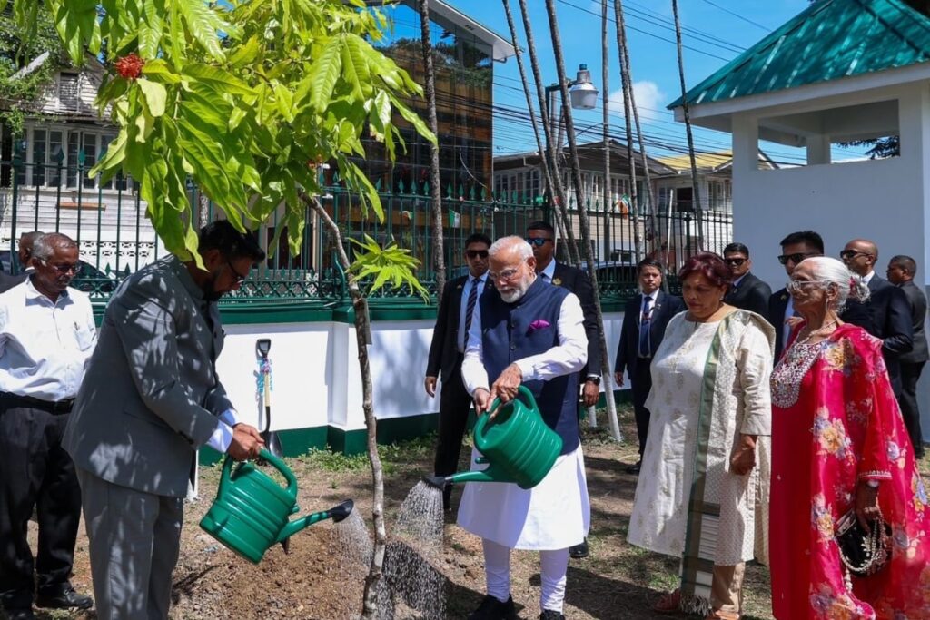 PM Modi, Guyanese President Plant Sapling In Georgetown Under ‘Ek Ped Ma Ke Naam’ Initiative