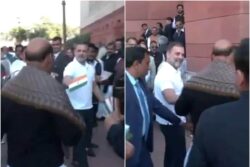 Rahul Gandhi Gives Rose, Tiranga To Rajnath Singh Amid Protests At Parliament