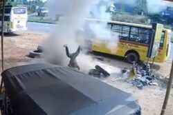 On Cam: Mechanic Tossed Into Air After Tyre Under Repair Bursts In Karnataka's Udupi