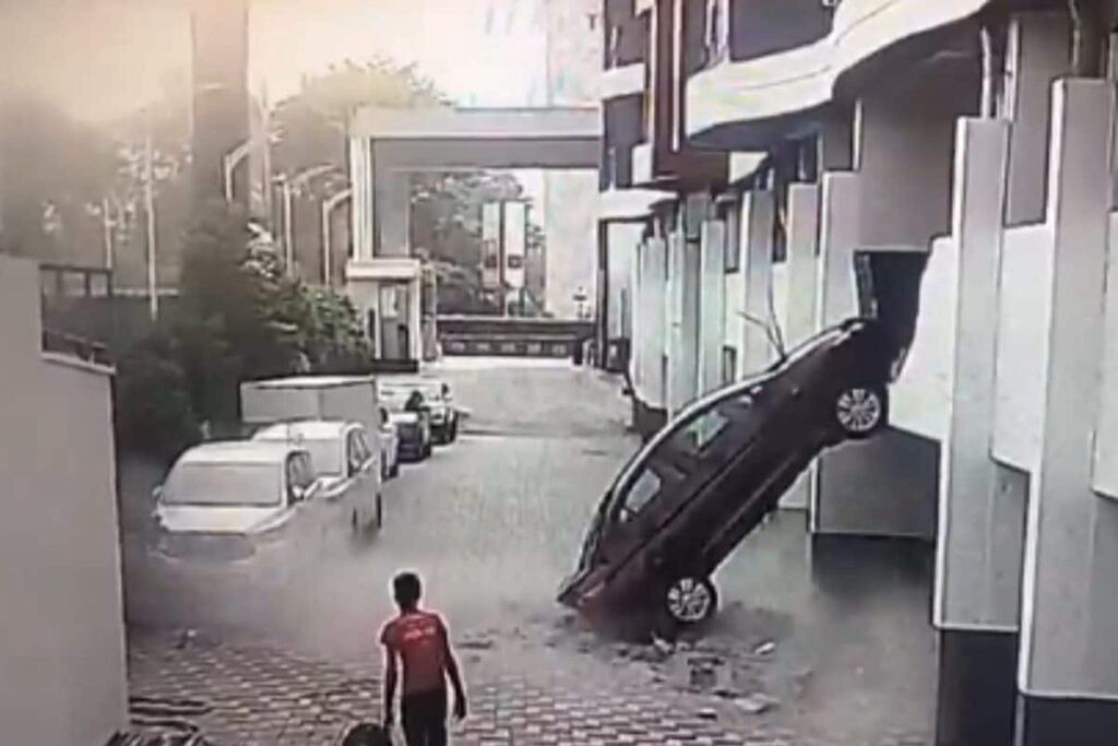 Car Breaks Through Wall Of First-Floor Parking Lot In Pune, Falls Backwards | Video