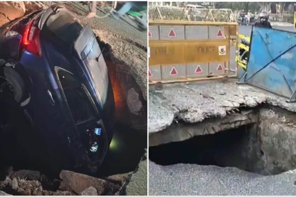 Car Falls Into Drain In Delhi's Dwarka After Portion Of Road Caves In | Videos