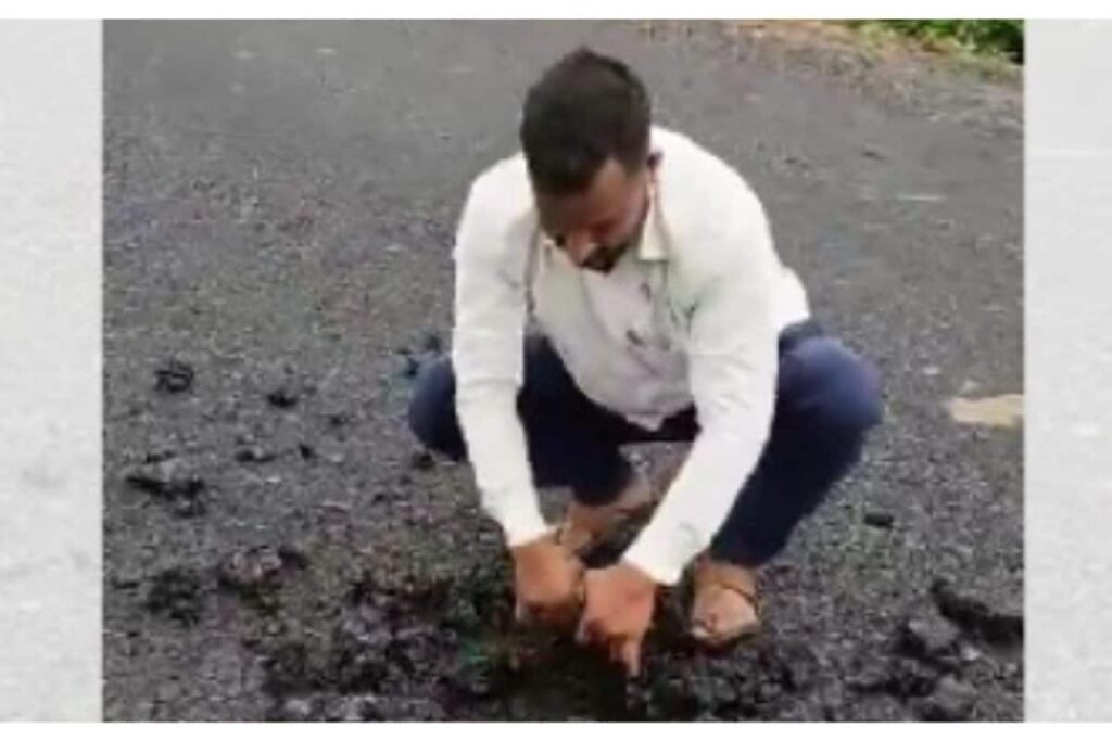 Man Pulls Apart Newly Built Road in Maharashtra With Bare Hands | Video