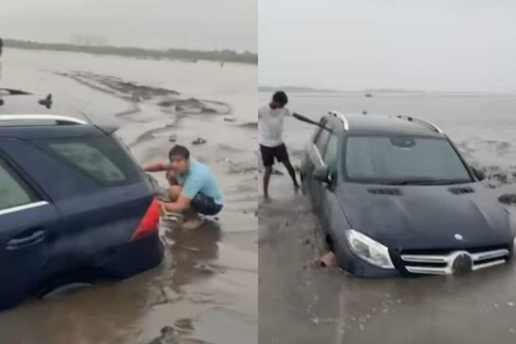 Mercedes Stunt Fails At Surat's Dumas Beach, Car Gets Stuck In Sand | Watch