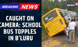 Bengaluru School Bus With 20 Students Narrowly Escapes Accident, Topples After Hitting Pothole