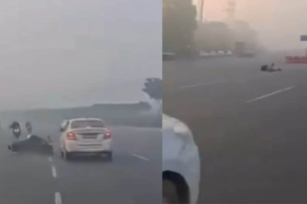 Superbike Crashes Into Cab Switching Lanes In Dense Fog On Delhi-Gurugram Highway | Watch