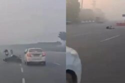 Superbike Crashes Into Cab Switching Lanes In Dense Fog On Delhi-Gurugram Highway | Watch